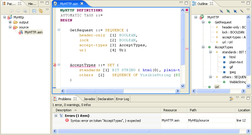 Problem marker in Outline view, editor and Problem view